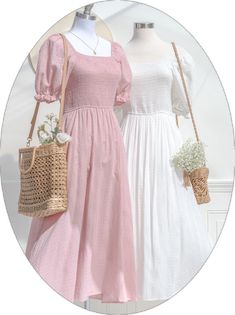 Feminine Summer Prairie Dress, Feminine Cotton Smocked Summer Dress, Feminine Smocked Midi Dress For Garden Party, Feminine Smock Midi Dress For Garden Party, Square Neck Cotton Midi Dress For Picnic, Cotton Midi Dress With Square Neck For Picnics, Pink Cottagecore Dress For Picnic, Feminine Cotton Dress With Smocked Bodice, Pink Cotton Midi Dress With Smocked Bodice