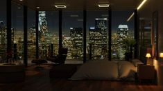 a bedroom with a view of the city lights and skyscrapers in the distance at night