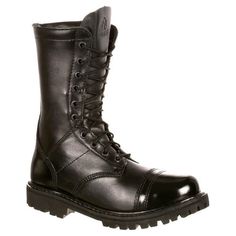 Show off a strong look wearing the Rocky Paraboot Side Zipper Logger Boot when at jobsite. This water-resistant boot features a contoured EVA insole that ensures maximum cushioning, and the lugged rubber outsole provides enhanced traction. Water-resistant upper Side zipper Contoured EVA insole Goodyear welt construction Non-metallic stabilizer Lugged rubber outsole Style number: 4090. Goodyear welt construction. Rubber lug outsole offers slip-resistance and traction. Size: 9 M.  Color: Black.  G Rugged Ankle Combat Boots With Steel Toe, Combat Style Waterproof Leather Boots With Steel Toe, Impact Resistant Leather Tactical Boots, Tactical Leather Boots With Impact Resistance, Steel Toe Ankle Combat Boots For Outdoor, Outdoor Ankle Combat Boots With Steel Toe, Impact Resistant Black Leather Boots, Outdoor Steel Toe Ankle Combat Boots, Waterproof Snip Toe Combat Boots For Outdoor Work