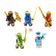 four lego ninjas with swords and helmets