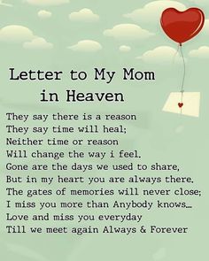 a letter to my mom in heaven with a red heart balloon floating above the clouds