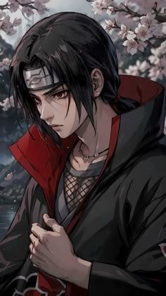 an anime character with black hair and red eyes standing in front of cherry blossom trees