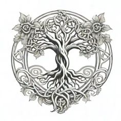 a drawing of a celtic tree of life with leaves and flowers in the center on a white background