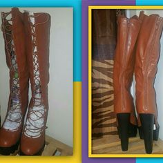 These Faux Leather Knee-High Boots Would Be A Great Add To Your Closet. Zipper Along Back With Elastic Lace Up For Comfortable Fitting. Heel Length: 6.5 Inches, N/Wo Tags, Color: Cognac. No Damage, Some Visible Glue From Manufacturers Besides That In Great Condition. Brown Platform Boots With Zipper For Fall, Brown Wide Calf Boots For Party, Brown High Heel Faux Leather Boots, Brown Faux Leather Heeled Boots With Round Toe, Trendy Brown Platform Boots With Zipper, Trendy Brown Faux Leather Heeled Boots, Brown Lace-up Boots For Fall Party, Fall Brown Lace-up Party Boots, Fall Party Brown Lace-up Boots