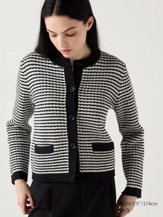 knitted short striped jacket | UNIQLO US Uniqlo Women, Striped Jacket, Shopping Ideas, Large Buttons, Styling Ideas, Striped Cardigan, Knitting Women, Knit Shorts, Textured Knit