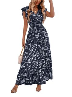 PRICES MAY VARY. V neck,ruffle cap sleeve dot,short sleeve,floral print,dot pattern,elastic high waist, ruffle hem,a-line flowy midi dress for women and girls. Casual and elegant style. cap sleeve ruffle hem a-line flowy elastic waist midi dress made you easy to put on and take off,show off your charming waist line. This boho floral midi dress can be worn alone or paired with a hat, high heels, wedges, earrings, necklaces, sunglasses, ankle chains and jewelry to make you more attractive. Ladies Best Amazon Dresses, Birthday Cocktail Party, Birthday Cocktail, Midi Dress For Women, Flowy Midi Dress, Dinner Night, Spring Dresses Casual, Amazon Dresses, Elastic Waist Dress