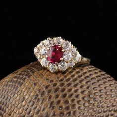 Antique Art Deco 14K Yellow Gold Old European Diamond Ruby Ring - Etsy Ruby Cluster Diamond Ring, Vintage Style Red Cluster Ring In 14k Gold, Classic Ruby Ring With Rose Cut Diamond Cluster, Heirloom Ruby Cluster Ring With Center Stone, Vintage Red Diamond Ring With Halo Setting, Red Victorian Diamond Ring, Vintage 14k Gold Red Diamond Ring, Victorian Oval Red Diamond Ring, Antique Red Diamond Ring With Rose Cut Diamonds