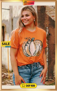 Orange Pumpkin Graphic Print Crew Neck T Shirt Casual Graphic Print T-shirt For Fall, Fall Relaxed Fit Short Sleeve Tops, Relaxed Fit Short Sleeve Tops For Fall, Fall Casual Crew Neck T-shirt, Casual Crew Neck T-shirt For Fall, Fall Crew Neck T-shirt With Relaxed Fit, Fall Graphic Print Crew Neck Tops, Casual Fall Shirt With Graphic Print, Casual Fall Tops With Short Sleeves