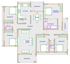 the floor plan for a three bedroom apartment with an attached kitchen and living room area