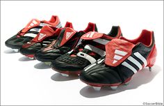 four different types of soccer shoes lined up on top of each other, all in black and red