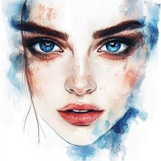 a watercolor painting of a woman's face with blue eyes