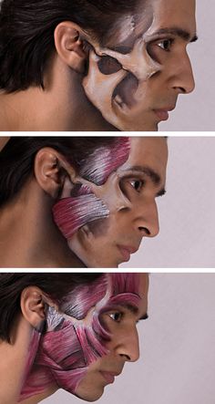 three different views of a man's face with his hair pulled back and painted white