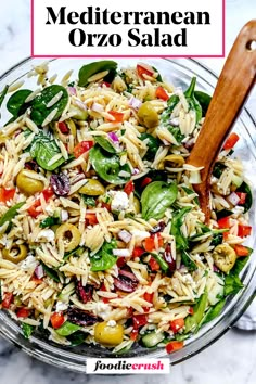 this mediterranean orzo salad is loaded with fresh vegetables, olives and feta cheese