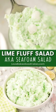 lime fluff salad in a white bowl with a spoon