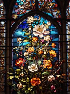 a stained glass window with flowers in it