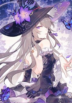 a woman with long hair wearing a witches hat and holding a butterfly in her hand