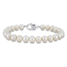 Lustrous cultured freshwater pearls nestle one another around the length of this refined men's bracelet. Fashioned in sterling silver, the 9-inch chain secures in place with a lobster clasp. Classic White Gold Pearl Bracelet With Oyster Clasp, Classic White Gold Pearl Bracelet With Oyster Details, Classic Silver Bracelets With Pearl Charm, Classic White Gold Bracelet With Pearl Drop, Classic White Gold Bracelets With Pearl Drop, Classic Sterling Silver Oyster Bracelet As Gift, Classic Sterling Silver Bracelet, Classic Everyday Single Strand Pearl Bracelet, Classic Single Strand Pearl Bracelet For Everyday