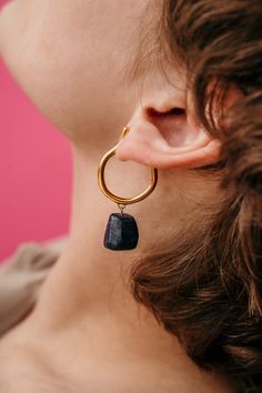 Stunning pair of natual lapis lazuly earrings, combined from unique shape of a hoop and a dangle navy blue lapis bead. Clean lines with natural stone, a play of minimalism with statement, classy with a twist- all these together makes this gorgeous pair of silver/gold large hoop earrings to the best pair of everyday unique dangle earrings or the most beautiful and unforgettable wedding earrings. ----------------------------------------------------- > Lapis dangle hoop earrings > Available i Minimalist Blue Brass Earrings, Blue Brass Hoop Jewelry, Blue Hoop Brass Jewelry, Blue Minimalist Brass Jewelry, Minimalist Blue Brass Jewelry, Handmade Minimalist Lapis Lazuli Jewelry, Handmade Lapis Lazuli Jewelry For Everyday, Pierced Lapis Lazuli Dangle Jewelry, Hoops Earrings Gold