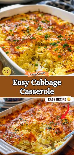 an easy cabbage casserole recipe in a white baking dish with text overlay