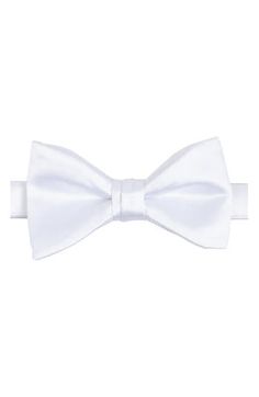 Bring versatility and distinction to any formal look with this pre-tied bow tie crafted in a solid color from smooth and silky satin. 2 1/4" width 22" length Pre-tied; adjustable 100% polyester Dry clean Imported Pre-tied Satin Bow For Black Tie Events, Classic Pre-tied Satin Bow Tie, Solid Color Bow Tie With Decorative Bow For Weddings, Solid Bow Tie With Decorative Bow For Wedding, Decorative Bow Tie For Wedding, Elegant Solid Color Bow With Tie Back, Adjustable Solid Color Bow For Formal Occasions, Adjustable Solid Bow For Formal Occasions, Elegant Solid Bow Tie