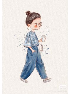 a watercolor painting of a girl with glasses holding a coffee cup and wearing overalls