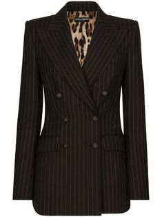 brown virgin wool blend vertical stripe pattern double-breasted button fastening logo-embossed buttons wide peak lapels long sleeves two side flap pockets straight hem leopard print lining Dolce Gabbana Jacket, Brown Pinstripe, Double Breasted Jacket, Dolce E Gabbana, Striped Blazer, Airport Fashion, Double Breasted Blazer, Dolce & Gabbana, Coats And Jackets