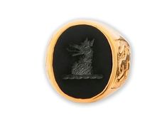 Wolf Signet Ring Black Onyx Engraved Gold Plated Sterling Silver 925 Luxury Black Spiritual Signet Ring, Luxury Black Collectible Signet Ring, Luxury Black Engraved Signet Ring, Luxury Black Signet Ring Collectible, Heraldic Lion, Mens Rings For Sale, Onyx Signet Ring, Wolf Ring, Signet Rings