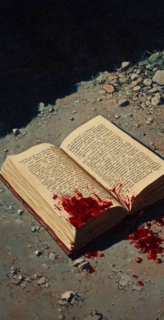 an open book laying on the ground with blood all over it's pages and cover