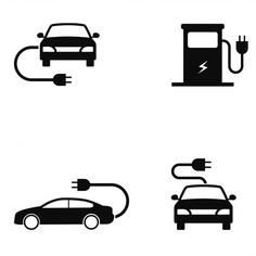 four different types of electric vehicles with charging wires and plugs on the top one