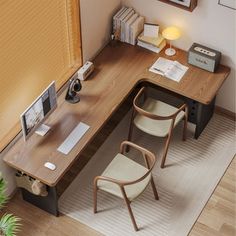 an overhead view of a desk and chair