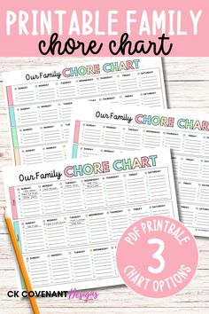 three printable family chore chart with the text, our family chore chart