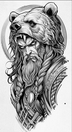 a black and white drawing of a bear with long hair, wearing a viking helmet