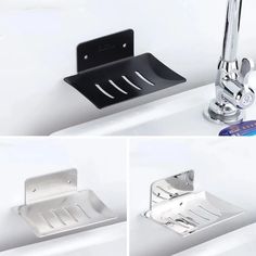 four different views of a sink faucet with soap dispenser and toothbrush holder