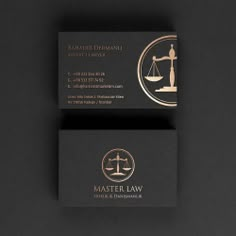 a business card with an image of a lady justice scale and the words master law on it