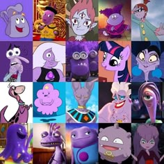 many different pictures of cartoon characters with purple hair and blue eyes, one has an evil face