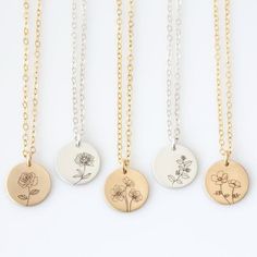 Keep your little ones close to your heart with this Personalized Birth Flower Necklace! Its great for layering, a wonderful minimalist piece, perfect gift for your wife, girlfriend, Mothers Day gift or simply to treat yourself! Engraved and hand assembled with care and love, it comes in 14k gold Everyday Charm Necklace With Birth Flower Round Pendant, Everyday Round Pendant Charm Necklace With Birth Flower, Delicate Flower Pendant Charm Necklace, Nickel Free, Delicate Nickel-free Flower Pendant Charm Necklace, Nickel Free Flower Pendant Charm Necklaces For Everyday, Nickel-free Flower Pendant Charm Necklaces For Everyday, Everyday Necklace With Flower Pendant, Minimalist Birth Flower Jewelry As Gift For Mom, Minimalist Birth Flower Necklaces