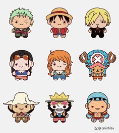 the seven characters from one piece, including an anime character with different hair colors and facial expressions