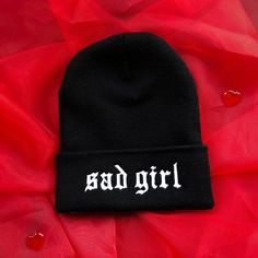 Sad Girl Beanie Embroidered text onto beanie beanie fits most 100% Acrylic Hand wash prefered Winter Streetwear Hats With Letter Print, Winter Streetwear Beanie With Letter Print, Letter Print Beanie For Streetwear, Winter Snapback Hat With Letter Print, Black Winter Hat With Letter Print, Letter Print Beanie Hat, Letter Print Beanie Hat One Size Fits Most, Casual Winter Hats With Letter Print, One Size Fits Most Letter Print Beanie