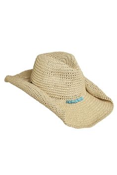 The Crochet Cowboy Hat is the accessory that will add a fun and effortless touch to your summer look! The turquoise beads on the hatband add a feminine flair while the classic silhouette is universally flattering. Brim 4" Crown 5" Circumference 57cm One Size Adjustable Drawstring (subtly added under the sweatband) Turquoise bead detailing 100% Paper Style: BCH_CANDY Casual Adjustable Turquoise Hats, Turquoise Casual Adjustable Hat, Summer Fedora Hat With Beaded Detail, Turquoise Country Hat For Beach, Turquoise Hats With Short Brim, Turquoise Hats For Spring Beach Outings, Country Style Turquoise Hat For The Beach, Turquoise Hats For Beach In Spring, Summer Beaded Fedora Hat