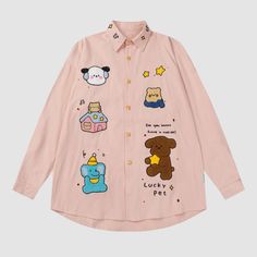 Material: CottonFeatures: Shirts, lapel, long sleeve, plaid shirts, cartoon pattern towel embroidered design, relaxed fit, soft and breathable, unisex, couple outfits.Style: Casual, college, streetwear