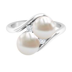 Freshwater Pearl Toi Et Moi Bypass Ring with Diamond Freshwater Pearl - ( AAA ) - Quality - Rosec Jewels