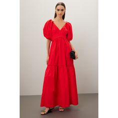 Red taffeta (100% Polyester). Lining (97% Polyester, 3% Spandex). A-line. Short sleeves. V-neck. Back zipper closure. 60" from shoulder to hemline. Imported. Red Short Sleeve Belted Dress, Red Short Sleeve Folk Dresses, Red V-neck Relaxed Fit Dress, Red Belted V-neck Dress, Hunter Bell, Red V-neck Rayon Maxi Dress, Rent The Runway, Tier Skirt, Closet Designs