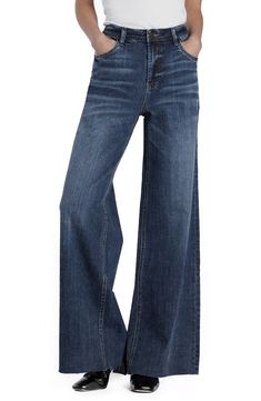 Raw hems refresh the retro style of elongating wide-leg jeans crafted from faded low-stretch denim. 32" inseam; 23" leg opening; 10 1/4" front rise Zip fly with button closure Five-pocket style 67% cotton, 27% REPREVE® recycled polyester, 5% rayon, 1% spandex REPREVE recycled polyester is made from 100% post-consumer recycled plastic bottles Machine wash, tumble dry Imported Womens Wide Leg Jeans, Wide Leg Jeans For Women, Fall 2023 Fashion Trends, High Waist Wide Leg Jeans, Women's Denim Jeans, Cool Clothing, Wide Jeans, Jeans For Women, High Waisted Denim