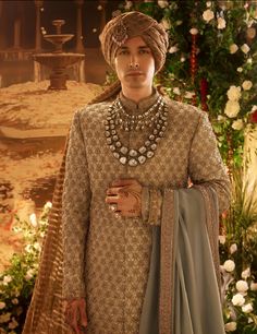 Manish Malhotra Outfits, Nakshi Embroidery, Groom Wedding Jewellery, Indian Wedding Clothes For Men, Sherwani For Men Wedding, Muted Brown, Groom Dress Men, Wedding Outfits For Groom, Indian Groom Wear