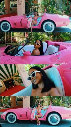 a woman sitting in a pink car with sunglasses on her head and wearing a bathing suit