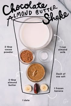 ingredients for chocolate almond butter shake displayed on white background