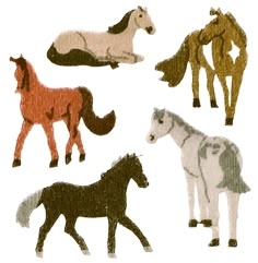 four horses are shown in different colors and sizes