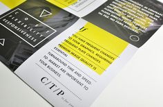 three different types of business brochures on a white surface with black and yellow accents