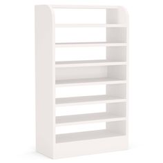 a white bookcase with three shelves on each side and one shelf in the middle