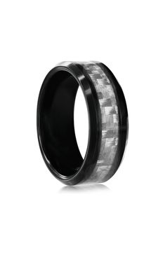 black ceramic ring with grey carbon fiber inlays on the outside and an inner band